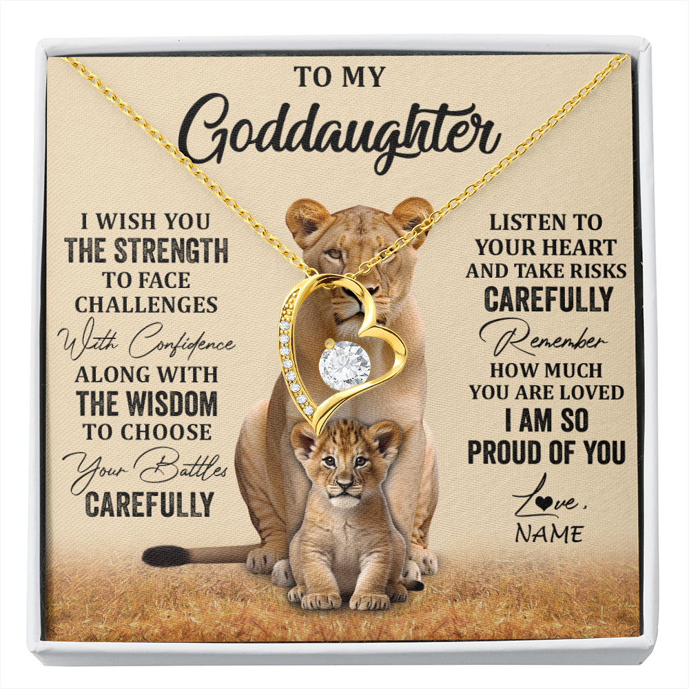 Forever Love Necklace 18K Yellow Gold Finish | 1 | Personalized To My Goddaughter Necklace From Aunt Uncle I Wish You The Strength Lion Goddaughter Birthday Graduation Christmas Customized Gift Box Message Card | siriusteestore