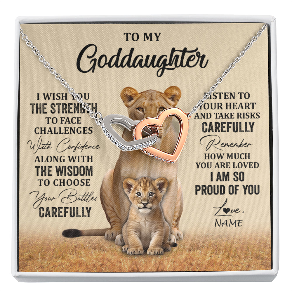 Interlocking Hearts Necklace Stainless Steel & Rose Gold Finish | 1 | Personalized To My Goddaughter Necklace From Aunt Uncle I Wish You The Strength Lion Goddaughter Birthday Graduation Christmas Customized Gift Box Message Card | siriusteestore