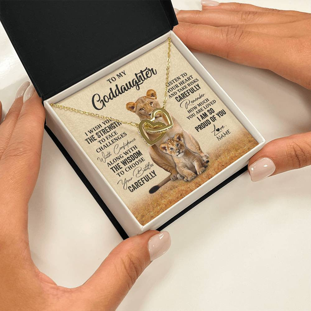 Interlocking Hearts Necklace 18K Yellow Gold Finish | 2 | Personalized To My Goddaughter Necklace From Aunt Uncle I Wish You The Strength Lion Goddaughter Birthday Graduation Christmas Customized Gift Box Message Card | siriusteestore