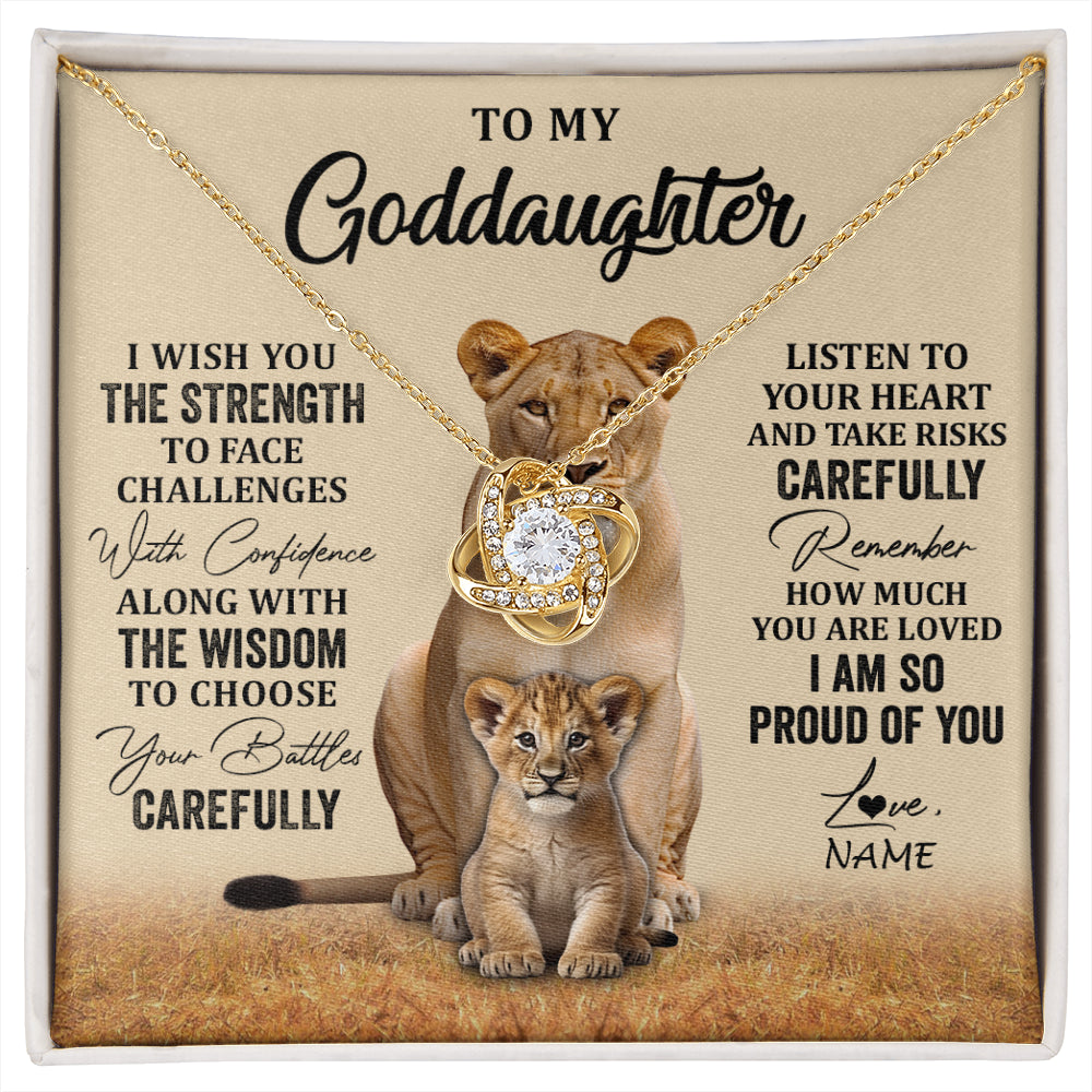 Love Knot Necklace 18K Yellow Gold Finish | 1 | Personalized To My Goddaughter Necklace From Aunt Uncle I Wish You The Strength Lion Goddaughter Birthday Graduation Christmas Customized Gift Box Message Card | siriusteestore