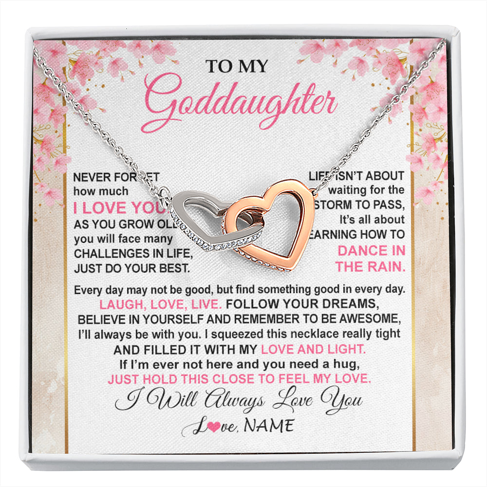 Interlocking Hearts Necklace Stainless Steel & Rose Gold Finish | 1 | Personalized To My Goddaughter Necklace From Aunt Uncle Inspirational I Love You Goddaughter Birthday Graduation Christmas Customized Gift Box Message Card | siriusteestore