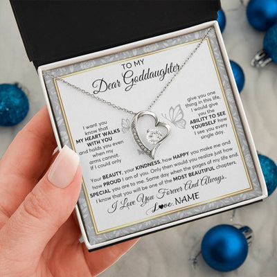 Forever Love Necklace 14K White Gold Finish | 2 | Personalized To My Goddaughter Necklace From Aunt Uncle My Heart Walks With You Goddaughter Birthday Gifts Jewelry Christmas Customized Gift Box Message Card | siriusteestore