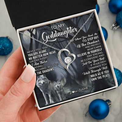 Forever Love Necklace 14K White Gold Finish | 2 | Personalized To My Goddaughter Necklace From Aunt Uncle Never Feel That You Are Alone Wolf Birthday Gifts Jewelry Christmas Customized Gift Box Message Card | siriusteestore