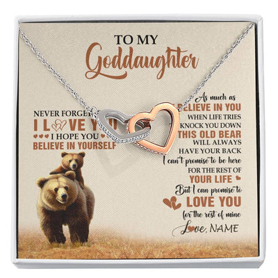 Interlocking Hearts Necklace Stainless Steel & Rose Gold Finish | 1 | Personalized To My Goddaughter Necklace From Aunt Uncle This Old Bear Love You Goddaughter Birthday Graduation Christmas Customized Gift Box Message Card | siriusteestore