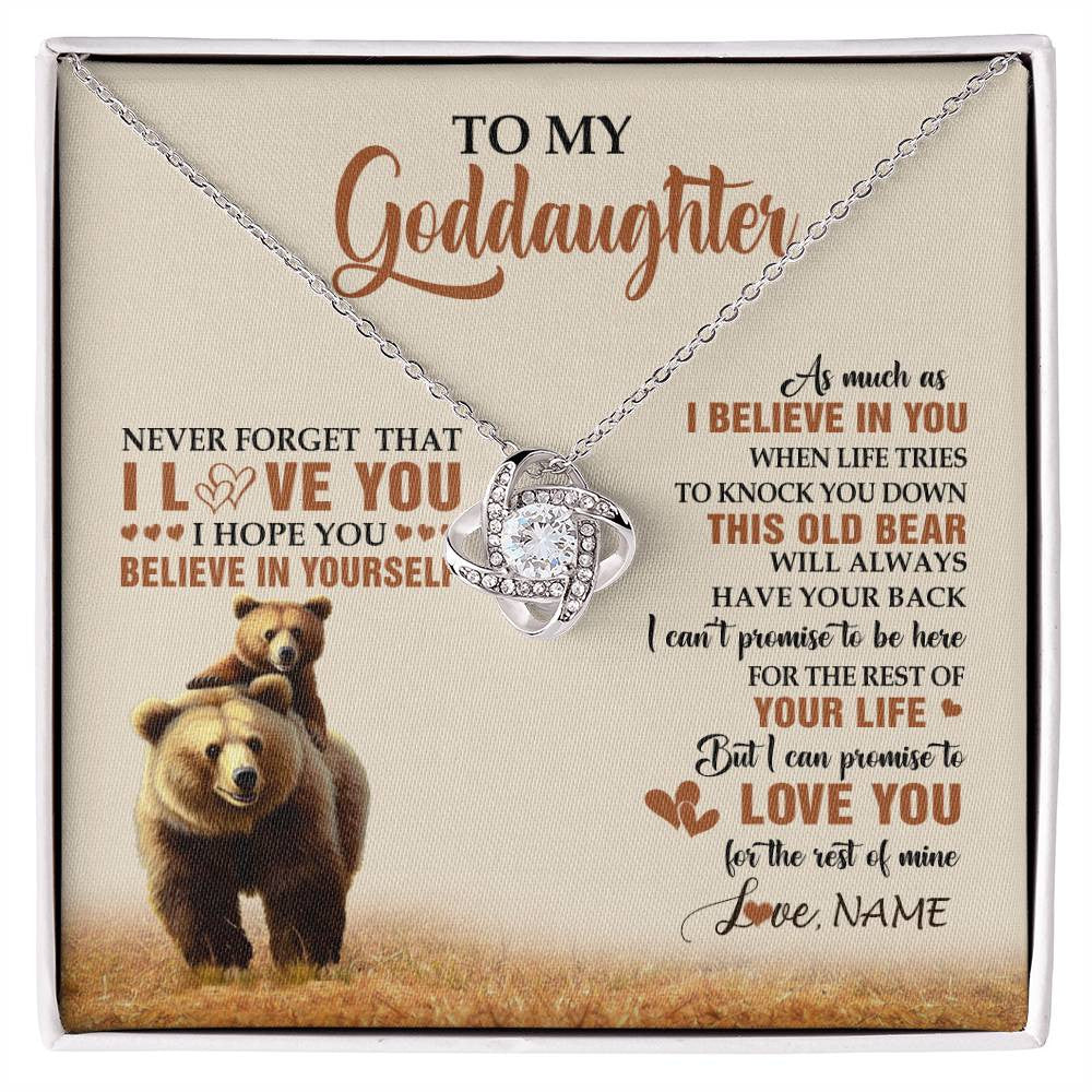 Love Knot Necklace 14K White Gold Finish | 1 | Personalized To My Goddaughter Necklace From Aunt Uncle This Old Bear Love You Goddaughter Birthday Graduation Christmas Customized Gift Box Message Card | siriusteestore