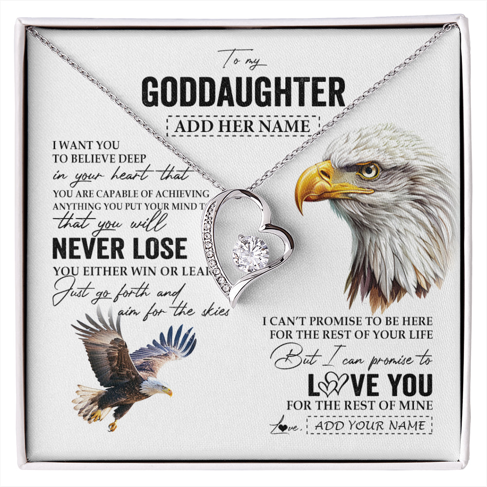 Forever Love Necklace 14K White Gold Finish | 1 | Personalized To My Goddaughter Necklace From Aunt Uncle You Will Never Lose Eagle Goddaughter Birthday Gifts Graduation Christmas Custom Gift Box Message Card | siriusteestore