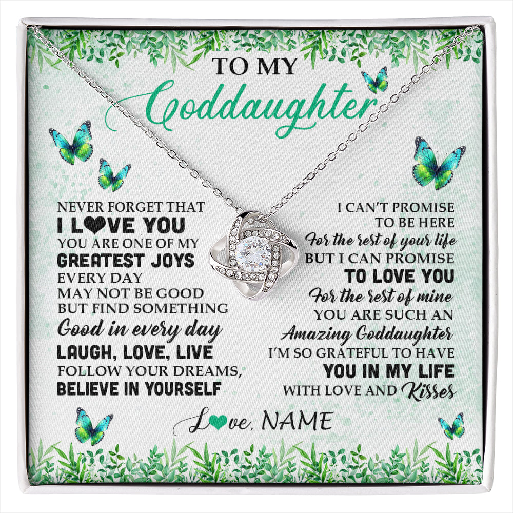 Love Knot Necklace 14K White Gold Finish | 1 | Personalized To My Goddaughter Necklace From Godfather Aunt Butterfly Laugh Love Live Birthday Motivational Quote Christmas Customized Gift Box Message Card | siriusteestore