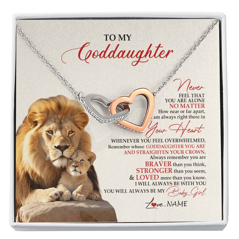 Interlocking Hearts Necklace Stainless Steel & Rose Gold Finish | 1 | Personalized To My Goddaughter Necklace From Godfather Aunt Never Feel You Are Alone Lion Goddaughter Birthday Graduation Christmas Customized Message Card | siriusteestore