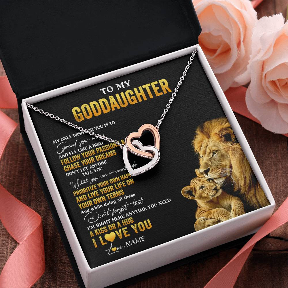 Interlocking Hearts Necklace Stainless Steel & Rose Gold Finish | 2 | Personalized To My Goddaughter Necklace From Godfather Lion My Only Wish For You Goddaughter Birthday Graduation Christmas Customized Gift Box Message Card | siriusteestore