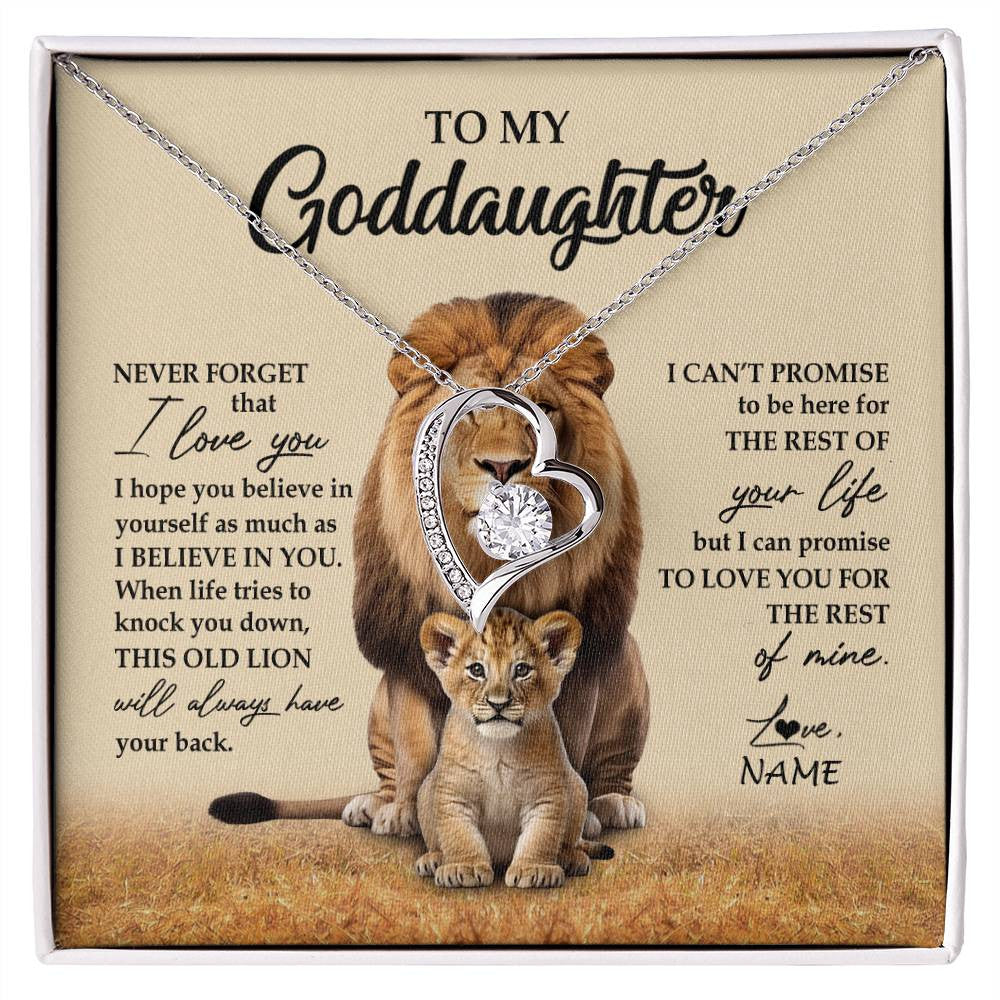 Forever Love Necklace 14K White Gold Finish | 1 | Personalized To My Goddaughter Necklace From Godfather Lion Never Forget That I Love You Goddaughter Jewelry Birthday Graduation Christmas Customized Message Card | siriusteestore