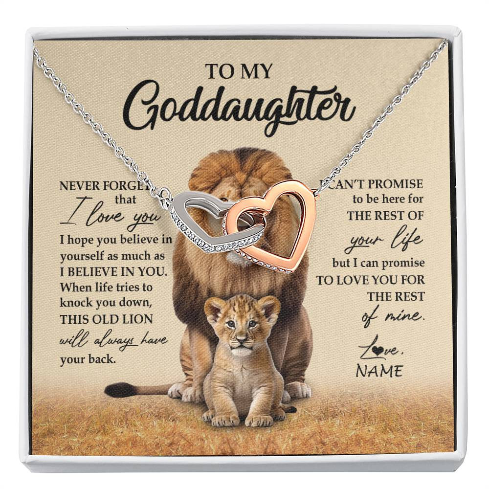 Interlocking Hearts Necklace Stainless Steel & Rose Gold Finish | 1 | Personalized To My Goddaughter Necklace From Godfather Lion Never Forget That I Love You Goddaughter Jewelry Birthday Graduation Christmas Customized Message Card | siriusteestore