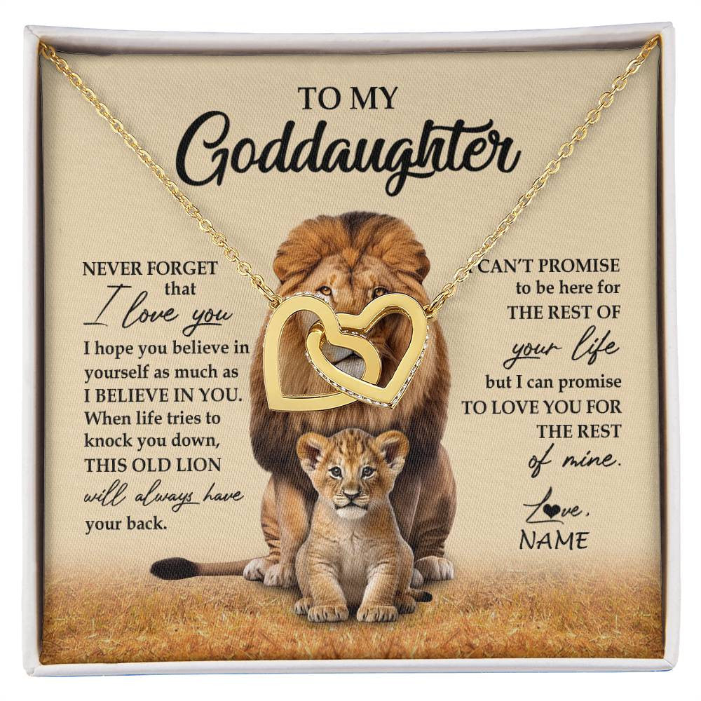 Interlocking Hearts Necklace 18K Yellow Gold Finish | 1 | Personalized To My Goddaughter Necklace From Godfather Lion Never Forget That I Love You Goddaughter Jewelry Birthday Graduation Christmas Customized Message Card | siriusteestore