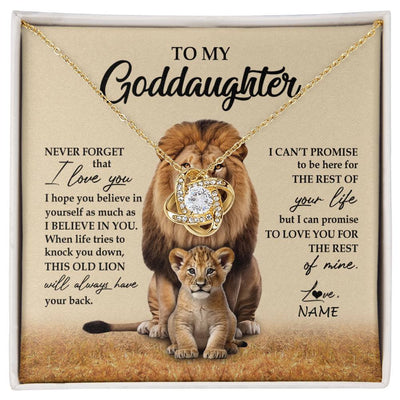 Love Knot Necklace 18K Yellow Gold Finish | 1 | Personalized To My Goddaughter Necklace From Godfather Lion Never Forget That I Love You Goddaughter Jewelry Birthday Graduation Christmas Customized Message Card | siriusteestore