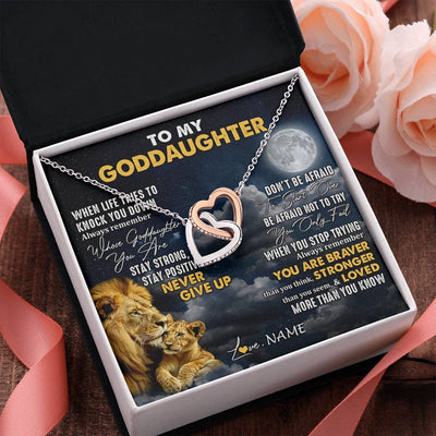 Interlocking Hearts Necklace Stainless Steel & Rose Gold Finish | 2 | Personalized To My Goddaughter Necklace From Godfather Lion Never Give Up Goddaughter Birthday Graduation Christmas Jewelry Customized Gift Box Message Card | siriusteestore