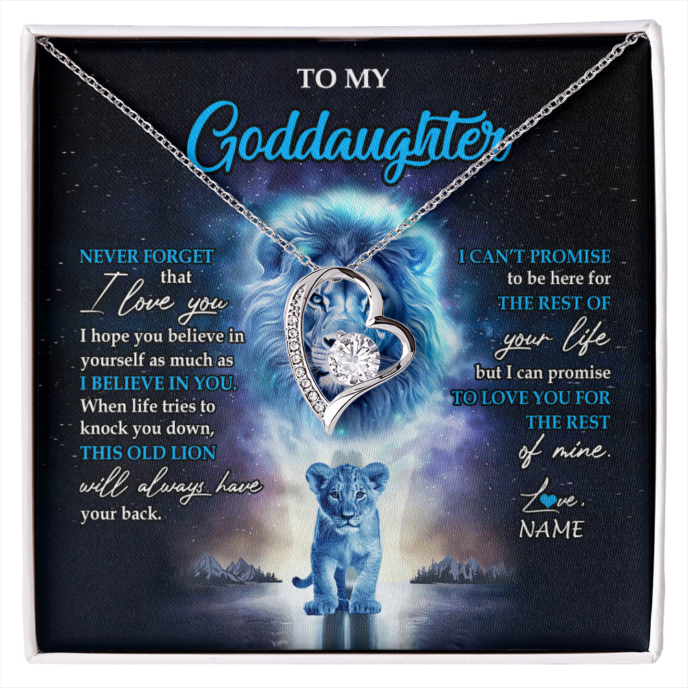 Forever Love Necklace 14K White Gold Finish | 1 | Personalized To My Goddaughter Necklace From Godfather Never Forget I Love You Lion Goddaughter Jewelry Birthday Graduation Christmas Customized Message Card | siriusteestore