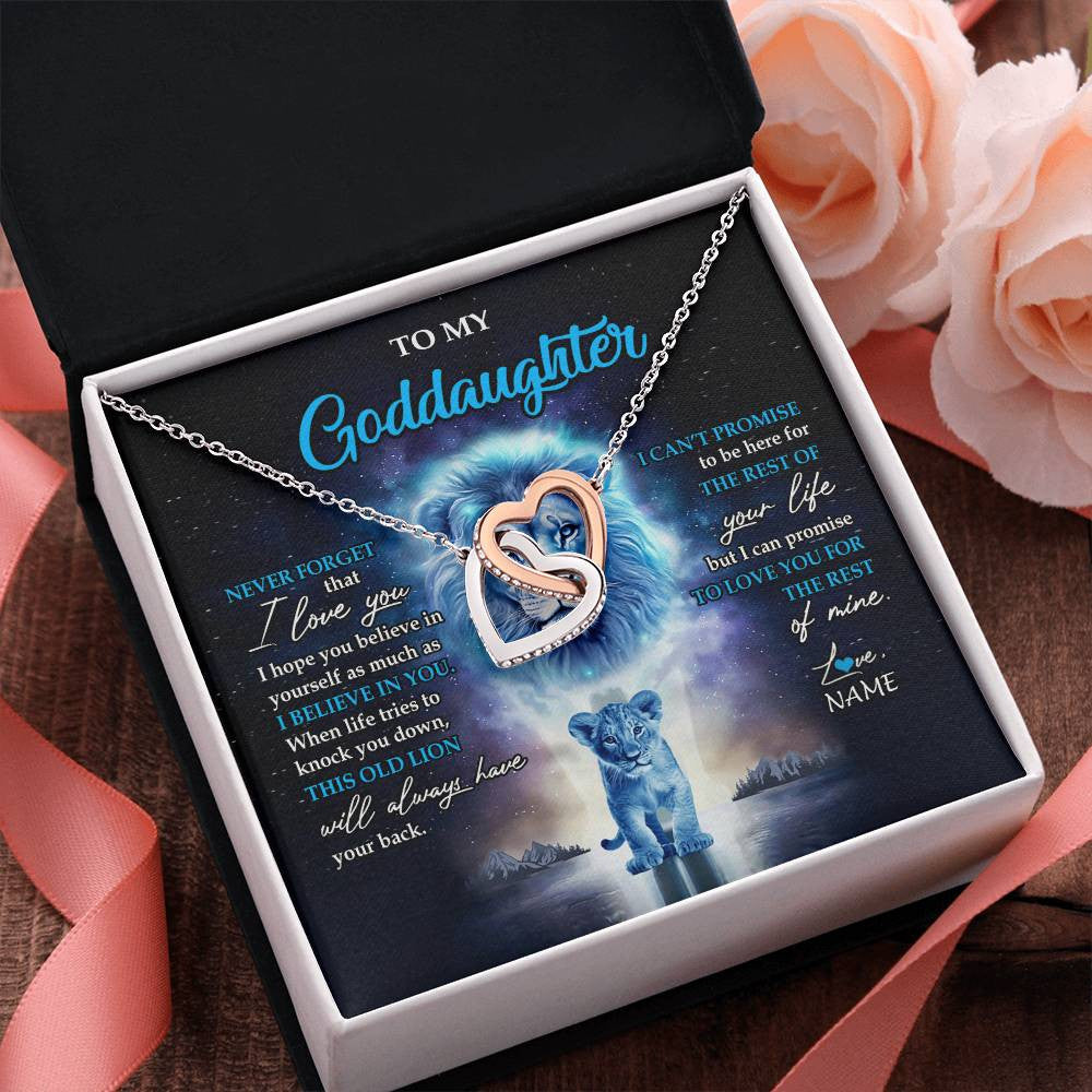 Interlocking Hearts Necklace Stainless Steel & Rose Gold Finish | 2 | Personalized To My Goddaughter Necklace From Godfather Never Forget I Love You Lion Goddaughter Jewelry Birthday Graduation Christmas Customized Message Card | siriusteestore