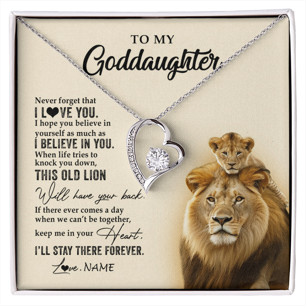 Forever Love Necklace 14K White Gold Finish | 1 | Personalized To My Goddaughter Necklace From Godfather This Old Lion Never Forget I Love You Jewelry Birthday Christmas Customized Gift Box Message Card | siriusteestore