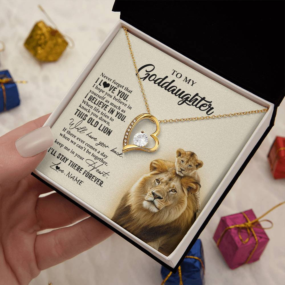 Forever Love Necklace 18K Yellow Gold Finish | 2 | Personalized To My Goddaughter Necklace From Godfather This Old Lion Never Forget I Love You Jewelry Birthday Christmas Customized Gift Box Message Card | siriusteestore