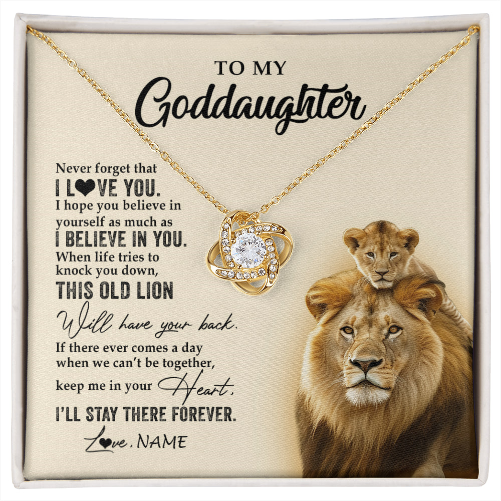 Love Knot Necklace 18K Yellow Gold Finish | 1 | Personalized To My Goddaughter Necklace From Godfather This Old Lion Never Forget I Love You Jewelry Birthday Christmas Customized Gift Box Message Card | siriusteestore