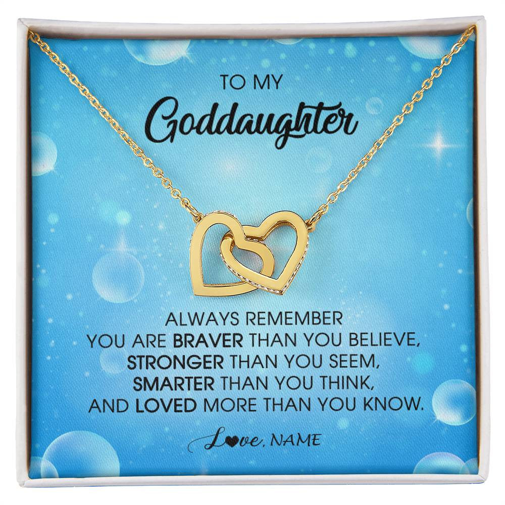 Interlocking Hearts Necklace 18K Yellow Gold Finish | Personalized To My Goddaughter Necklace From Godmother Always Remember You Are Braver Goddaughter Jewelry Birthday Graduation Christmas Customized Message Card | siriusteestore