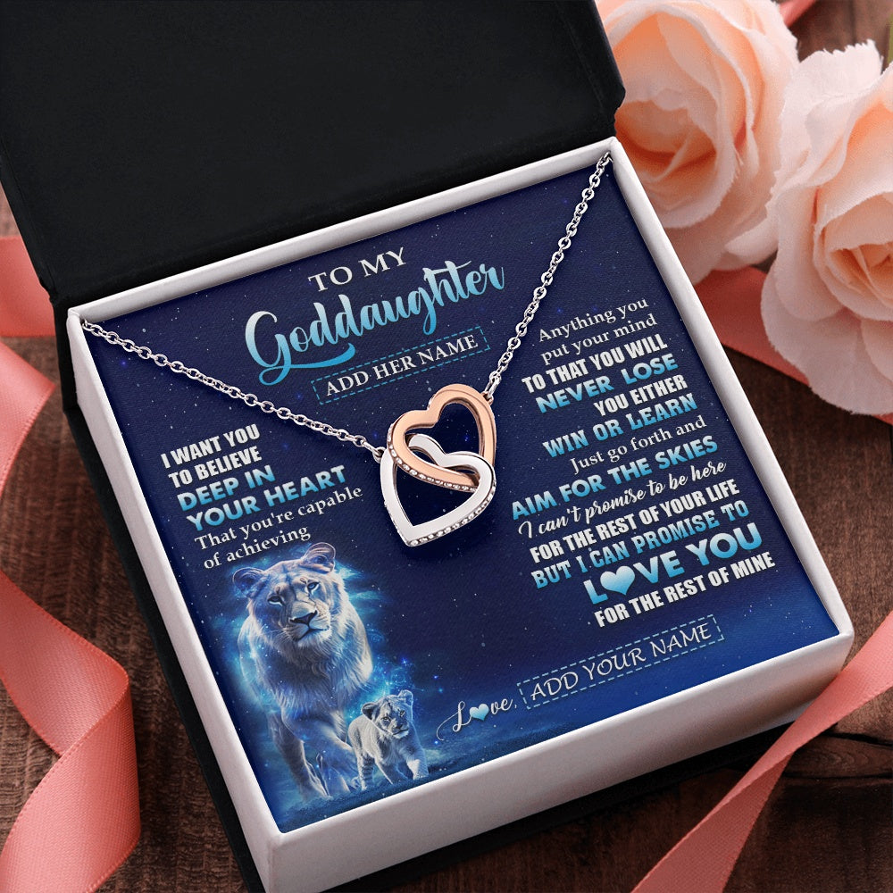 Interlocking Hearts Necklace Stainless Steel & Rose Gold Finish | 2 | Personalized To My Goddaughter Necklace From Godmother Aunt Believe Your Heart Goddaughter Gift Birthday Graduation Christmas Customized Gift Box Message Card | siriusteestore.myshopify
