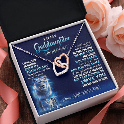 Interlocking Hearts Necklace Stainless Steel & Rose Gold Finish | 2 | Personalized To My Goddaughter Necklace From Godmother Aunt Believe Your Heart Goddaughter Gift Birthday Graduation Christmas Customized Gift Box Message Card | siriusteestore.myshopify