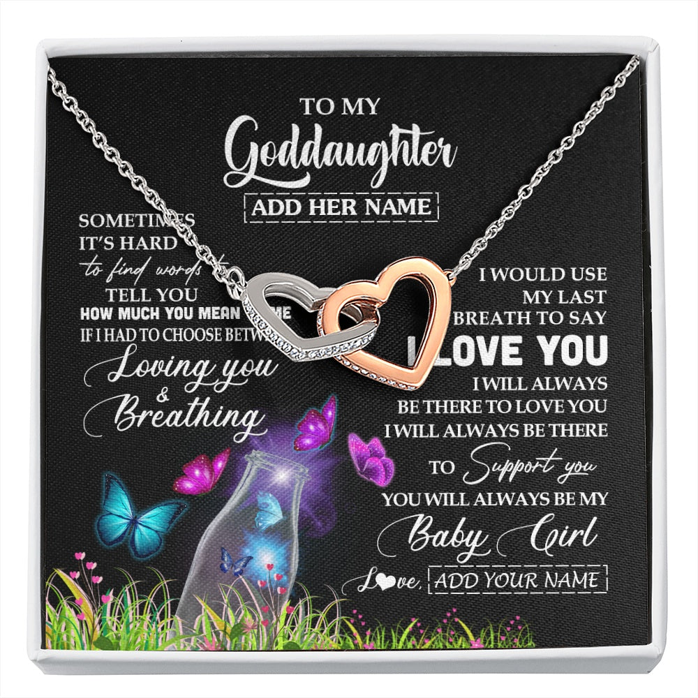 Interlocking Hearts Necklace Stainless Steel & Rose Gold Finish | 1 | Personalized To My Goddaughter Necklace From Godmother Aunt Butterfly Sometimes Say I Love You Goddaughter Birthday Christmas Custom Gift Box Message Card | siriusteestore.myshopify