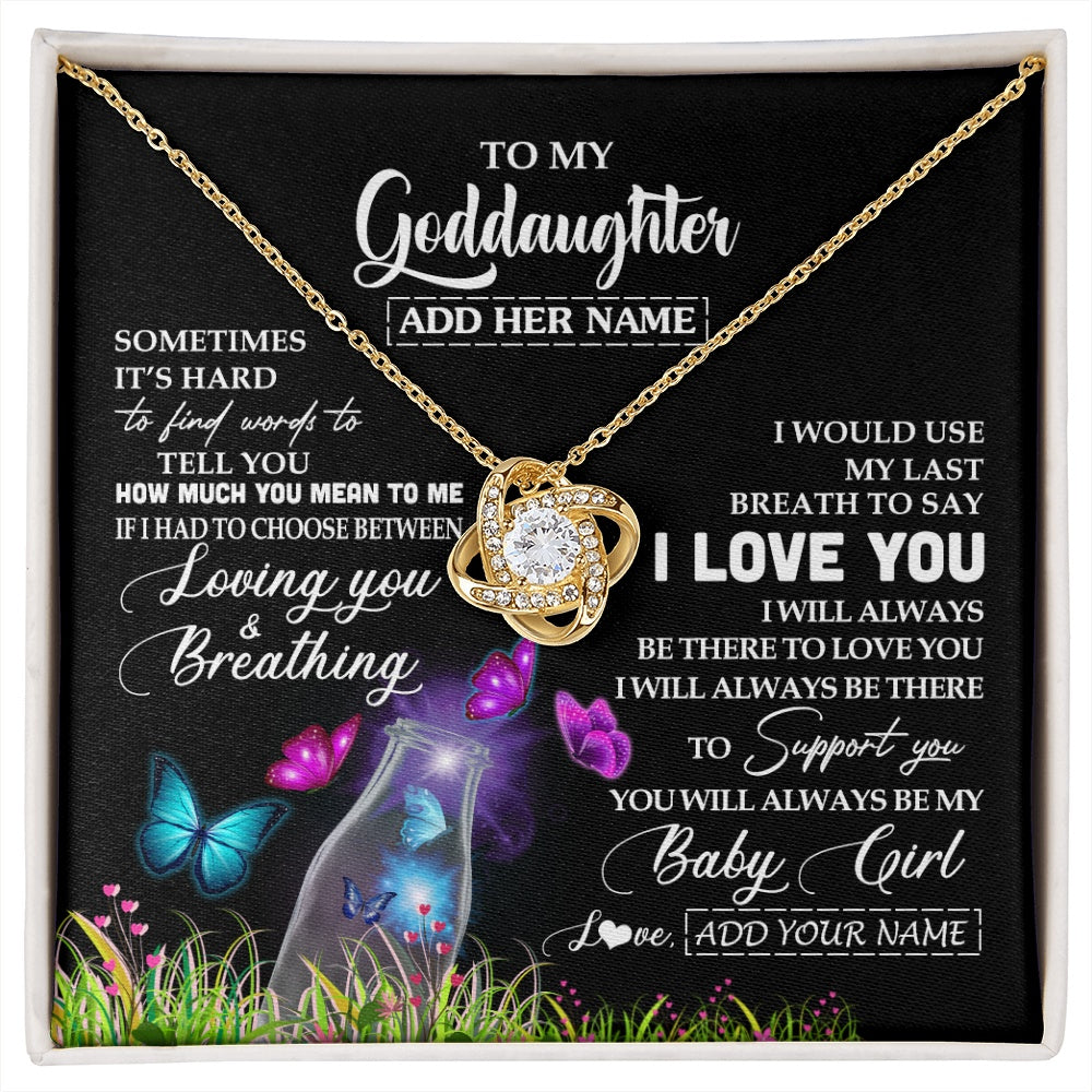 Love Knot Necklace 18K Yellow Gold Finish | 1 | Personalized To My Goddaughter Necklace From Godmother Aunt Butterfly Sometimes Say I Love You Goddaughter Birthday Christmas Custom Gift Box Message Card | siriusteestore.myshopify