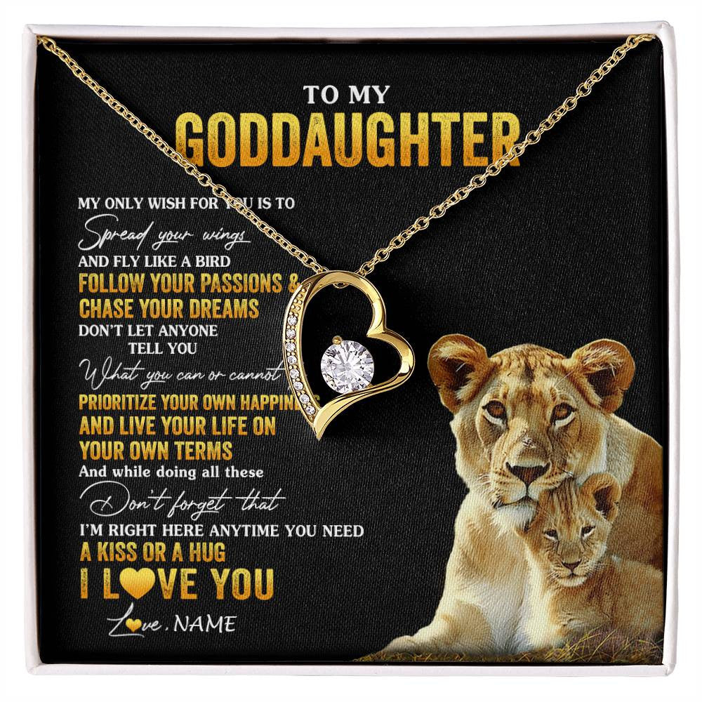 Forever Love Necklace 18K Yellow Gold Finish | 1 | Personalized To My Goddaughter Necklace From Godmother Aunt Lion My Only Wish For You Goddaughter Birthday Christmas Customized Gift Box Message Card | siriusteestore