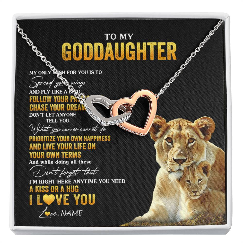 Interlocking Hearts Necklace Stainless Steel & Rose Gold Finish | 1 | Personalized To My Goddaughter Necklace From Godmother Aunt Lion My Only Wish For You Goddaughter Birthday Christmas Customized Gift Box Message Card | siriusteestore