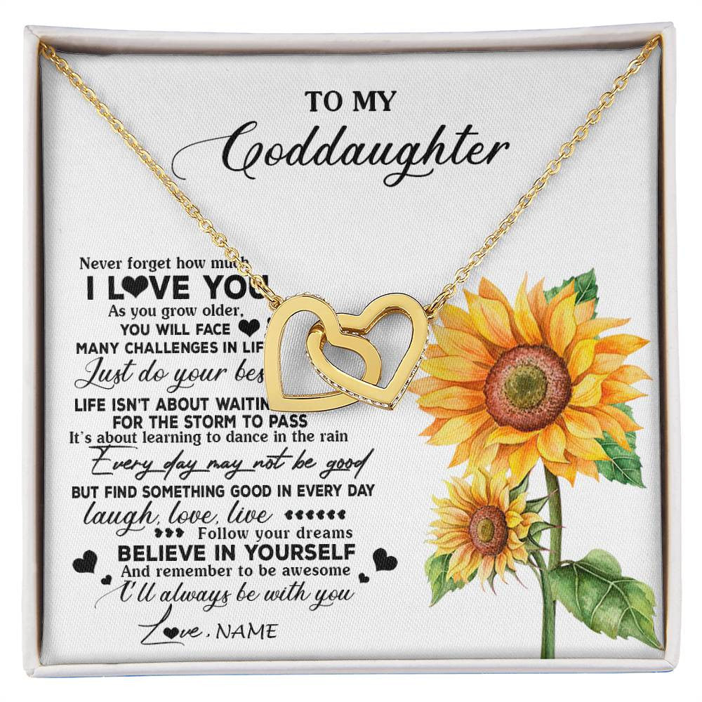 Interlocking Hearts Necklace 18K Yellow Gold Finish | 1 | Personalized To My Goddaughter Necklace From Godmother Aunt Sunflower Wood Laugh Love Live Goddaughter Birthday Christmas Customized Gift Box Message Card | siriusteestore