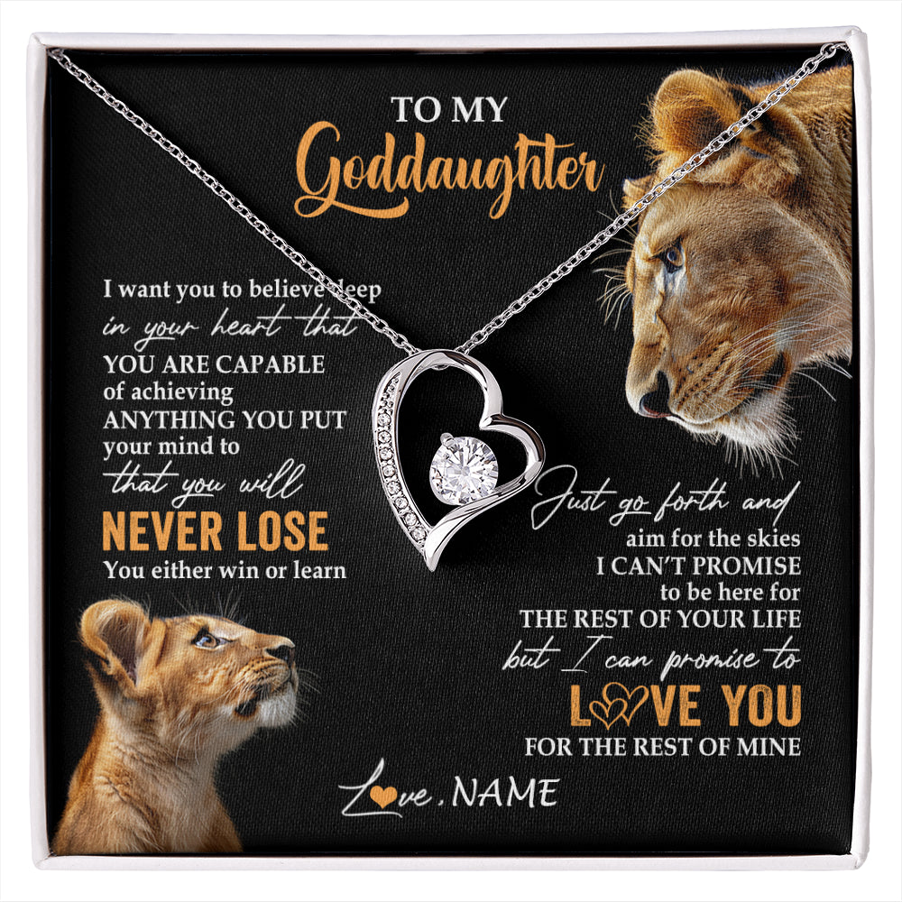 Forever Love Necklace 14K White Gold Finish | 1 | Personalized To My Goddaughter Necklace From Godmother Aunt You Will Never Lose Lion Goddaughter Birthday Gifts Graduation Christmas Gift Box Message Card | siriusteestore
