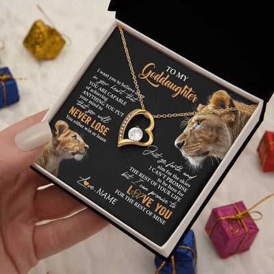 Forever Love Necklace 18K Yellow Gold Finish | 2 | Personalized To My Goddaughter Necklace From Godmother Aunt You Will Never Lose Lion Goddaughter Birthday Gifts Graduation Christmas Gift Box Message Card | siriusteestore