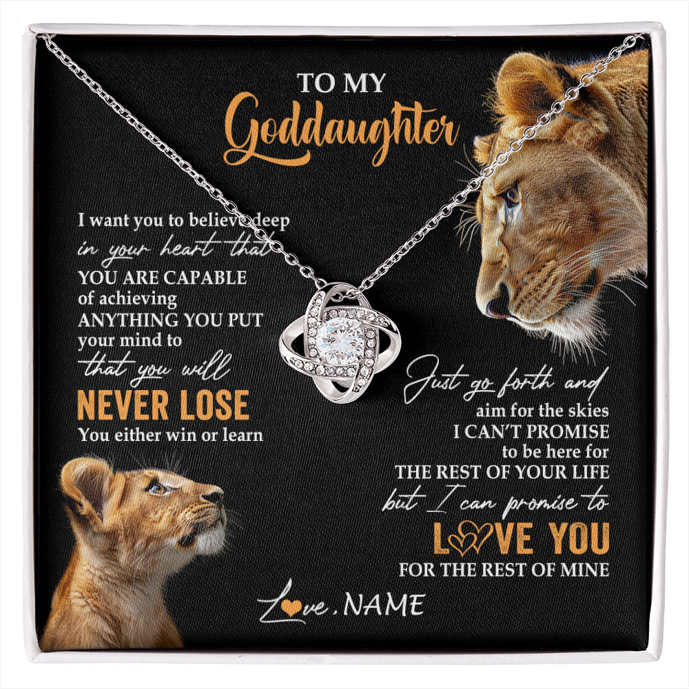 Love Knot Necklace 14K White Gold Finish | 1 | Personalized To My Goddaughter Necklace From Godmother Aunt You Will Never Lose Lion Goddaughter Birthday Gifts Graduation Christmas Gift Box Message Card | siriusteestore