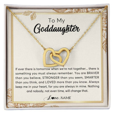 Interlocking Hearts Necklace 18K Yellow Gold Finish | Personalized To My Goddaughter Necklace From Godmother Braver Stronger Smarter Loved Goddaughter Jewelry Birthday Christmas Customized Gift Box Message Card | siriusteestore