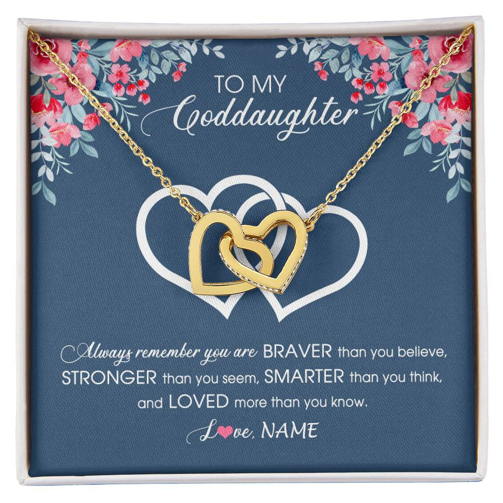 Interlocking Hearts Necklace 18K Yellow Gold Finish | Personalized To My Goddaughter Necklace From Godmother Braver Stronger Smarter Loved Goddaughter Jewelry Birthday Graduation Christmas Customized Message Card | siriusteestore