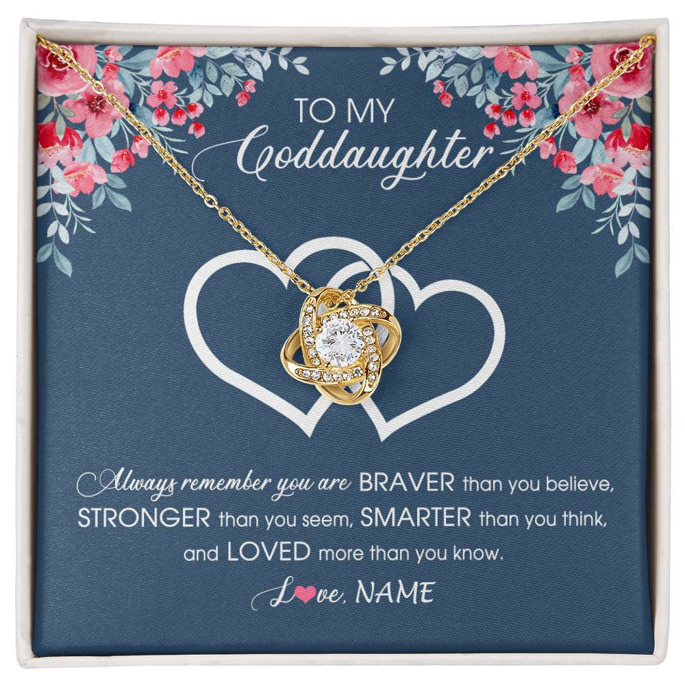 Love Knot Necklace 18K Yellow Gold Finish | Personalized To My Goddaughter Necklace From Godmother Braver Stronger Smarter Loved Goddaughter Jewelry Birthday Graduation Christmas Customized Message Card | siriusteestore