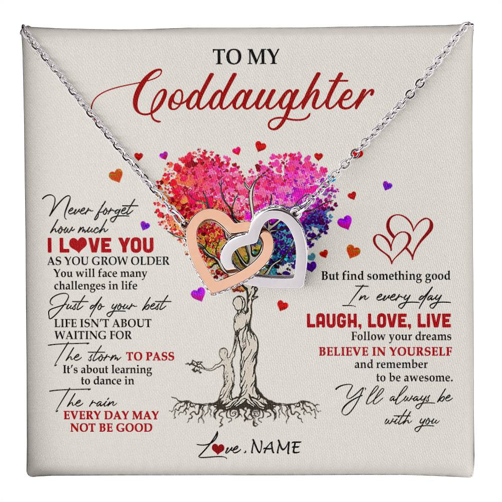 Interlocking Hearts Necklace Stainless Steel & Rose Gold Finish | 1 | Personalized To My Goddaughter Necklace From Godmother Colorful Tree Never Forget I Love You Goddaughter Birthday Christmas Customized Gift Box Message Card | siriusteestore