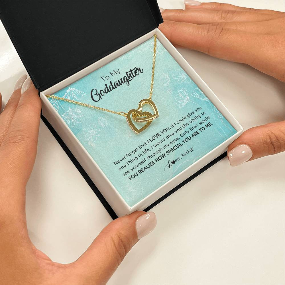 Interlocking Hearts Necklace 18K Yellow Gold Finish | 2 | Personalized To My Goddaughter Necklace From Godmother Flower Never Forget I Love You Goddaughter Graduation Birthday Customized Gift Box Message Card | siriusteestore