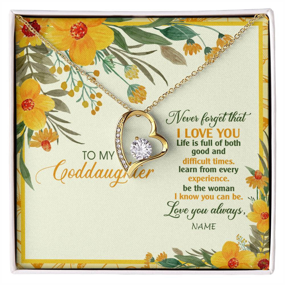 Forever Love Necklace 18K Yellow Gold Finish | Personalized To My Goddaughter Necklace From Godmother Flower Never Forget That I Love You Goddaughter Birthday Christmas Customized Gift Box Message Card | siriusteestore