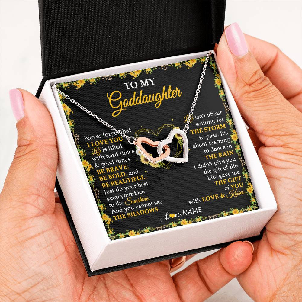 Interlocking Hearts Necklace Stainless Steel & Rose Gold Finish | 2 | Personalized To My Goddaughter Necklace From Godmother Godfather I Love You Sunflower Goddaughter Birthday Jewelry Christmas Customized Gift Box Message Card | siriusteestore