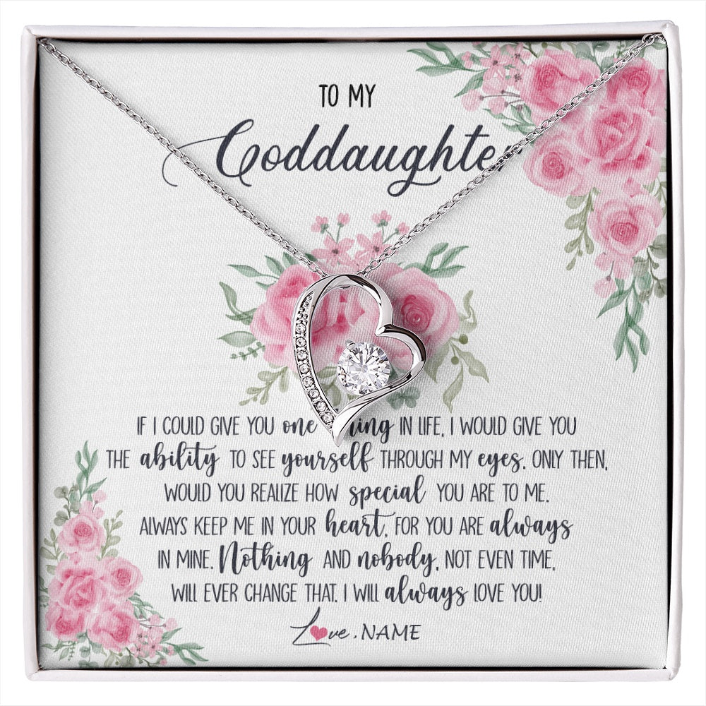Forever Love Necklace 14K White Gold Finish | 1 | Personalized To My Goddaughter Necklace From Godmother Godfather I Will Always Love You Goddaughter Birthday Christmas Customized Gift Box Message Card | https://siriusteestore.