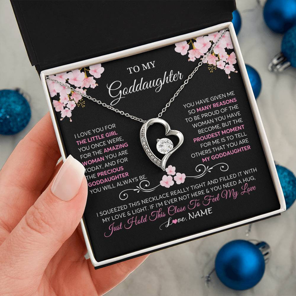 Forever Love Necklace 14K White Gold Finish | 2 | Personalized To My Goddaughter Necklace From Godmother Godfather Love You Little Girl Goddaughter Birthday Jewelry Christmas Customized Gift Box Message Card | siriusteestore