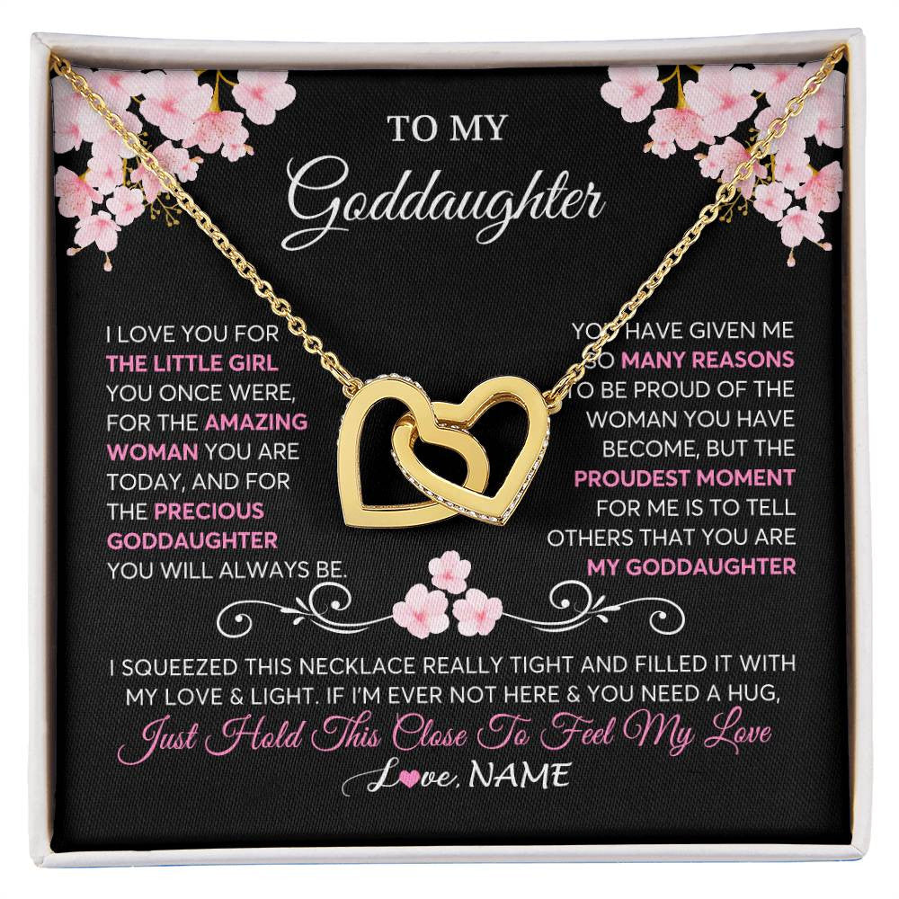 Interlocking Hearts Necklace 18K Yellow Gold Finish | 1 | Personalized To My Goddaughter Necklace From Godmother Godfather Love You Little Girl Goddaughter Birthday Jewelry Christmas Customized Gift Box Message Card | siriusteestore
