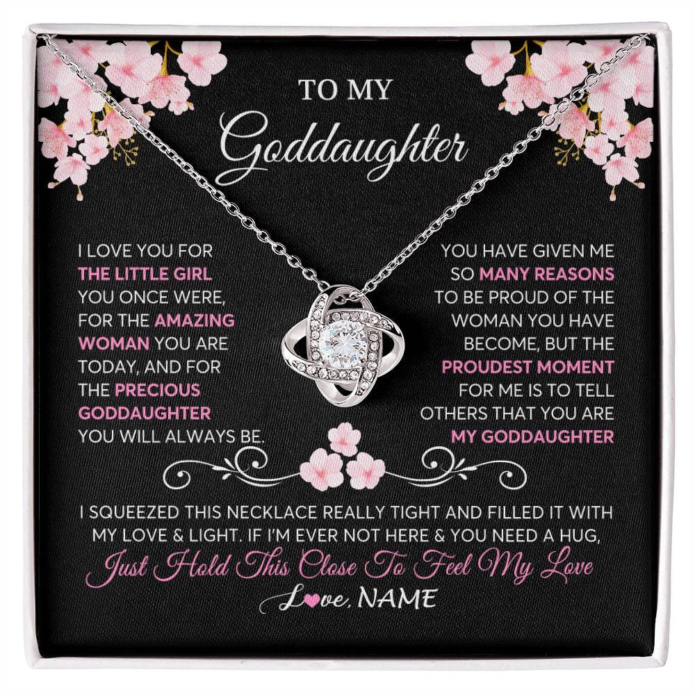 Love Knot Necklace 14K White Gold Finish | 1 | Personalized To My Goddaughter Necklace From Godmother Godfather Love You Little Girl Goddaughter Birthday Jewelry Christmas Customized Gift Box Message Card | siriusteestore