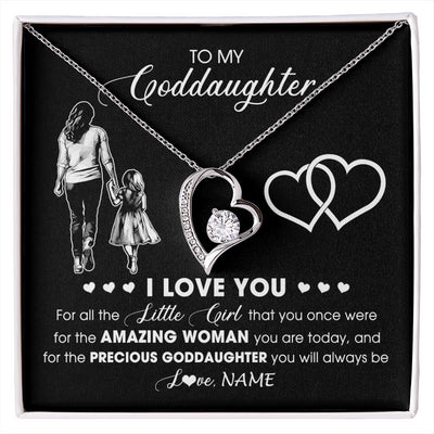 Forever Love Necklace 14K White Gold Finish | 1 | Personalized To My Goddaughter Necklace From Godmother I Love You Little Girl Goddaughter Birthday Christmas Jewelry Customized Gift Box Message Card | siriusteestore