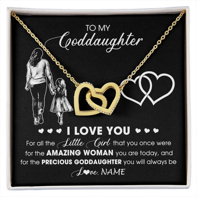 Interlocking Hearts Necklace 18K Yellow Gold Finish | 1 | Personalized To My Goddaughter Necklace From Godmother I Love You Little Girl Goddaughter Birthday Christmas Jewelry Customized Gift Box Message Card | siriusteestore