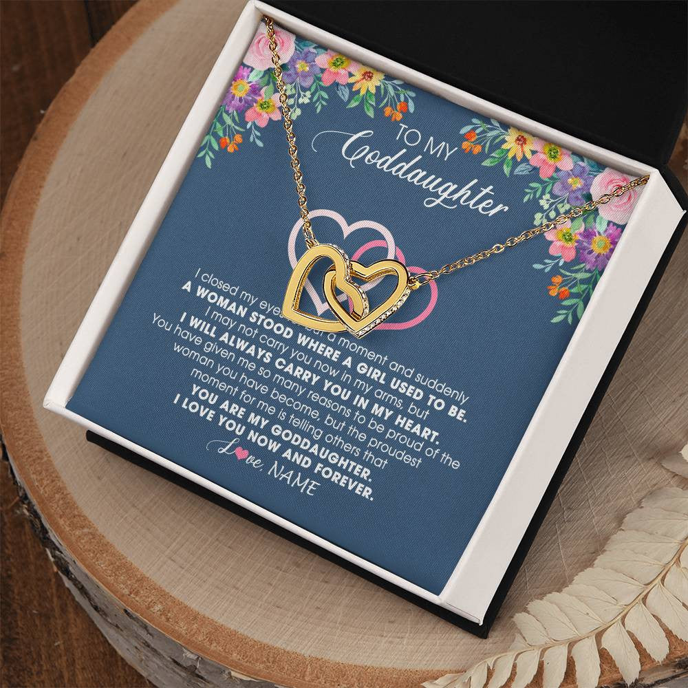 Interlocking Hearts Necklace 18K Yellow Gold Finish | Personalized To My Goddaughter Necklace From Godmother I Love You Now And Forever Jewelry For Goddaughter Birthday Graduation Christmas Customized Message Card | siriusteestore