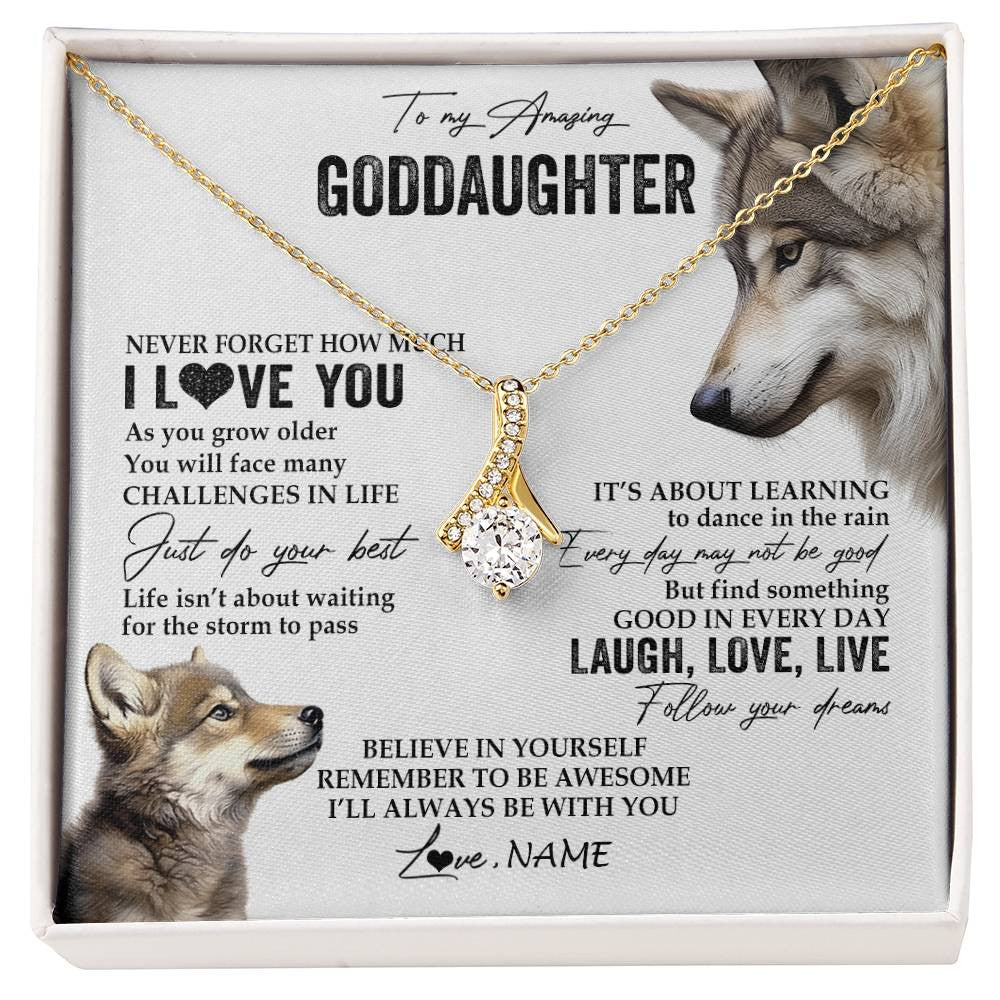 Alluring Beauty Necklace 18K Yellow Gold Finish | 1 | Personalized To My Goddaughter Necklace From Godmother Just Do You Best Laugh Love Live Wolf Goddaughter Birthday Christmas Customized Gift Box Message Card | siriusteestore