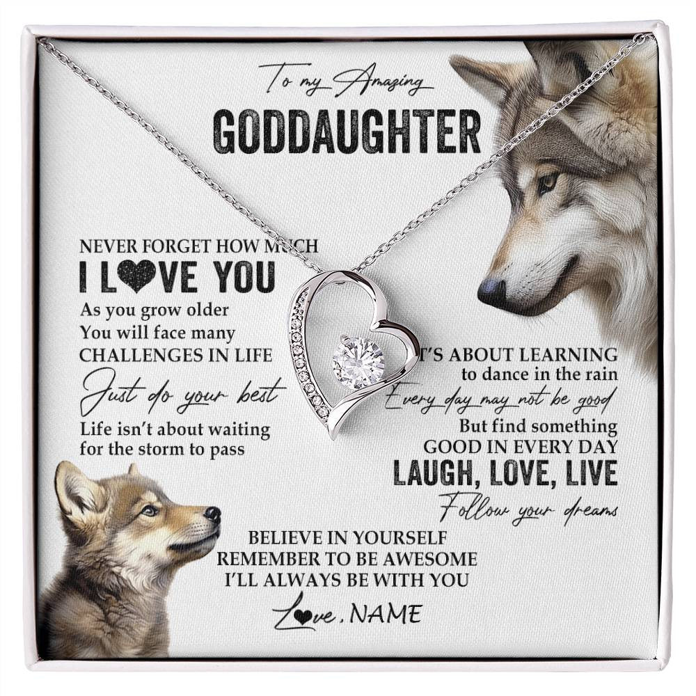 Forever Love Necklace 14K White Gold Finish | 1 | Personalized To My Goddaughter Necklace From Godmother Just Do You Best Laugh Love Live Wolf Goddaughter Birthday Christmas Customized Gift Box Message Card | siriusteestore